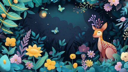 Fototapeta premium pretty fawn in flower garden at nighttime with firefly and butterfly, cute paper cut style illustration, nursery baby animal concept, 