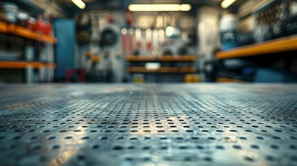 Obraz premium A metal blank tabletop with blurred automotive tools and parts in the background suitable for promoting automotive products