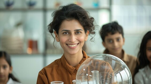 Indian teacher smiling while guiding students in a science experiment in a vibrant classroom representing educational commitment and passion Portrait, Realistic Photo, High resolution, Half-body