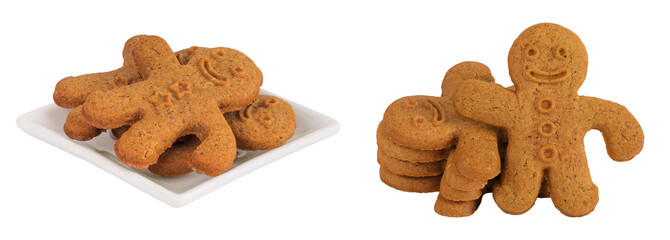 Gingerbread man in ceramic bowl isolated on white background