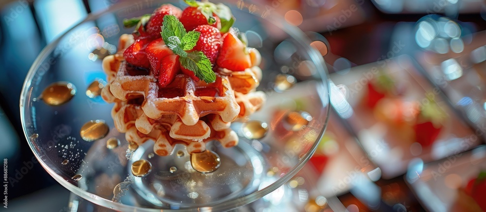 Aufkleber fresh mint garnishes enhance belgian waffles drizzled with honey and strawberries, displayed on a gl