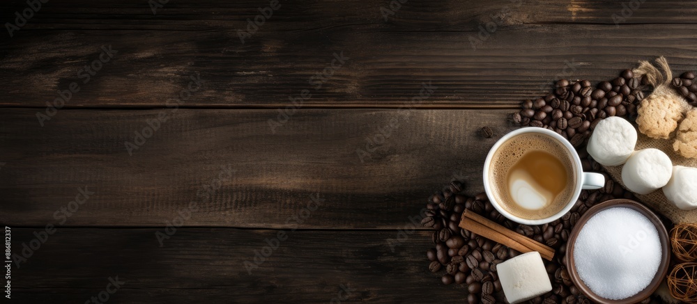 Sticker Flat lay copy space image of coffee with milk, marshmallows, chocolate, and cane sugar on rustic burlap and dark wooden background.