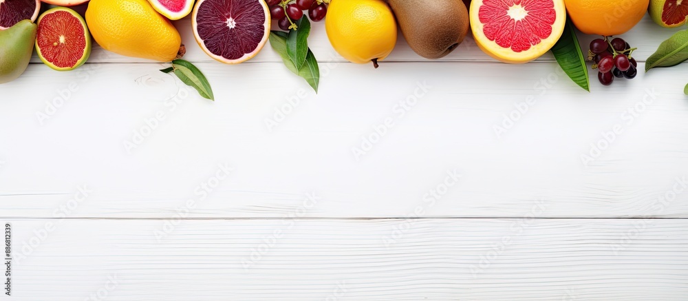 Poster flat lay composition of exotic fruits on a white wooden backdrop, offering ample copy space image.