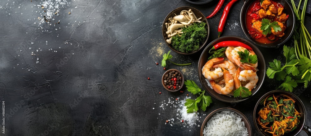 Poster asian cooking ingredients on a dark backdrop create an asian food concept, with an open space and a 