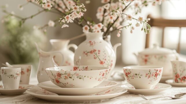 garden party tableware, elegant tableware with intricate floral patterns, ideal for a chic garden brunch party