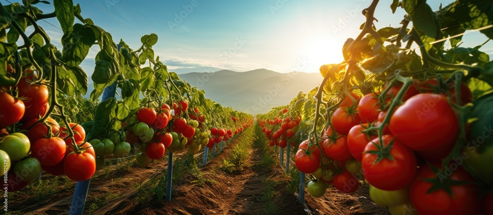 Poster Scenic view of a tomato field in a greenhouse setting with copy space image.
