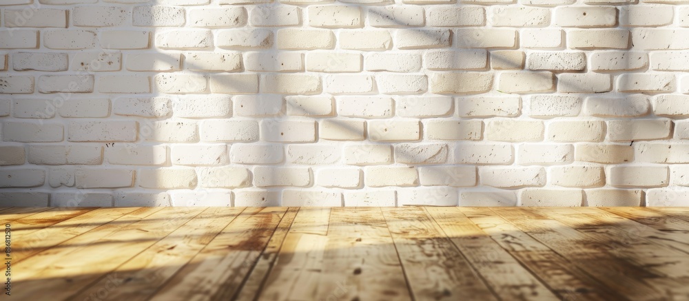 Aufkleber mockup scene with empty copy space image on a wooden surface against a white brick wall background, 