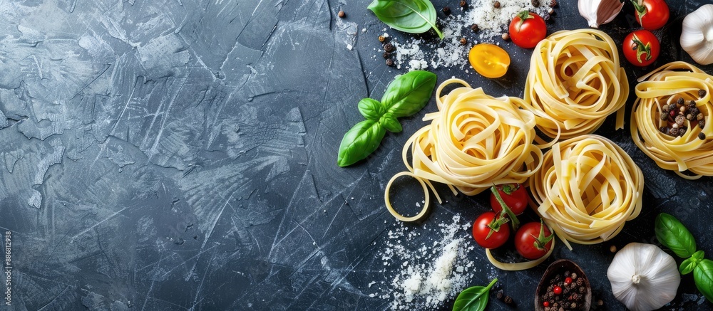 Poster pasta and ingredients displayed on a stone background with copy space image.