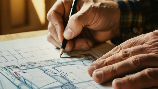 A plaid-shirted carpenter creates a blueprint for his workshop.