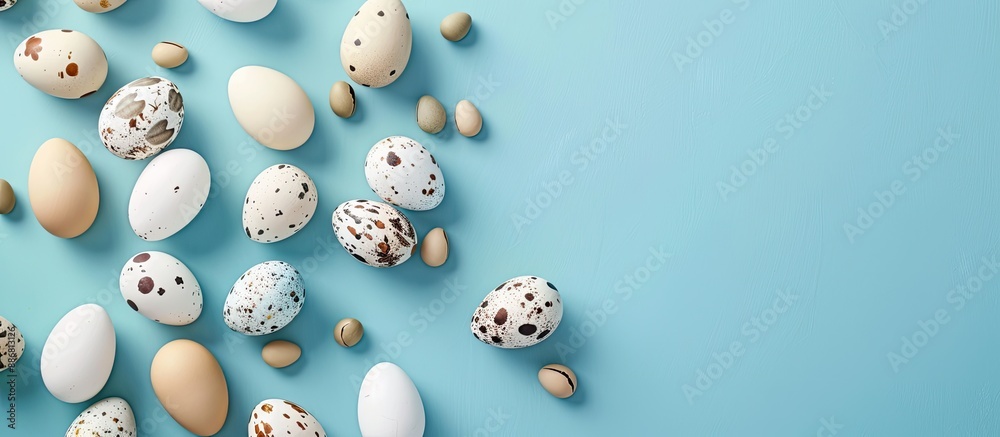 Poster quail and white chicken eggs placed on a blue background, perfect for an easter card with a flat lay