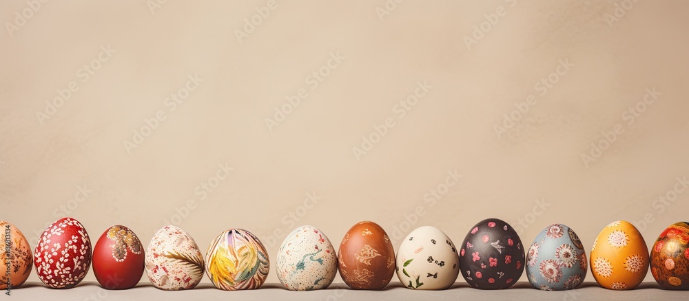 Poster easter-themed composition featuring decorated eggs on a beige backdrop with copy space image.