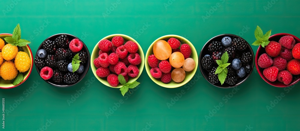 Poster top view of a vibrant assortment of fresh berries in bowls on a green background with copy space ima