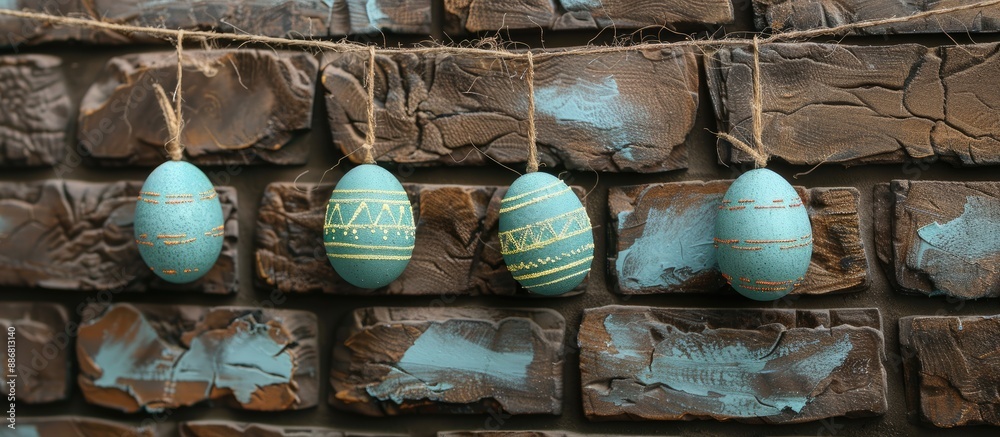 Poster Turquoise Easter eggs dangle on a string in front of a blank brick wall, with ample copy space image.