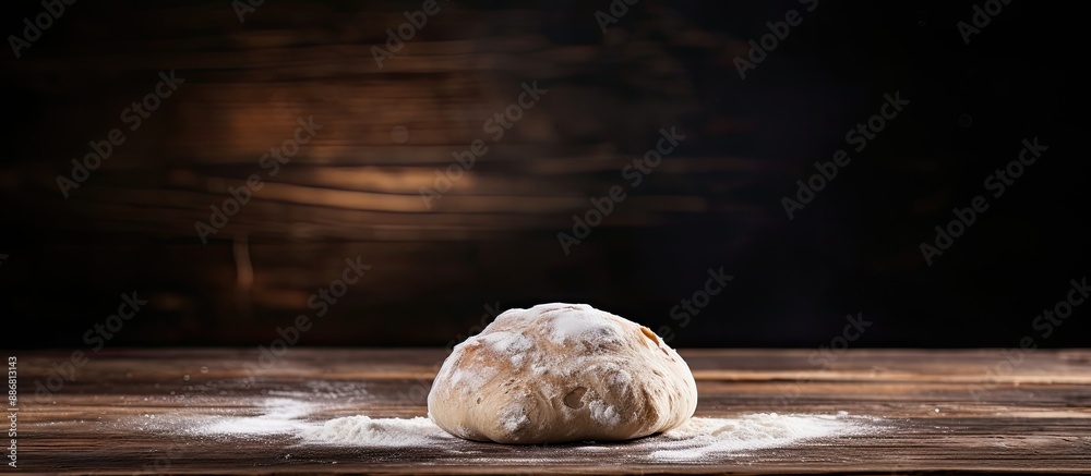 Poster dough lump resting on a wooden table with a dark backdrop, showing ample copy space image.