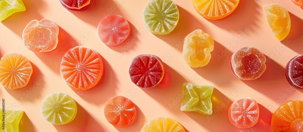 Aufkleber A variety of delicious jelly candies displayed on a bright backdrop in a flat lay composition with room for text in the image.