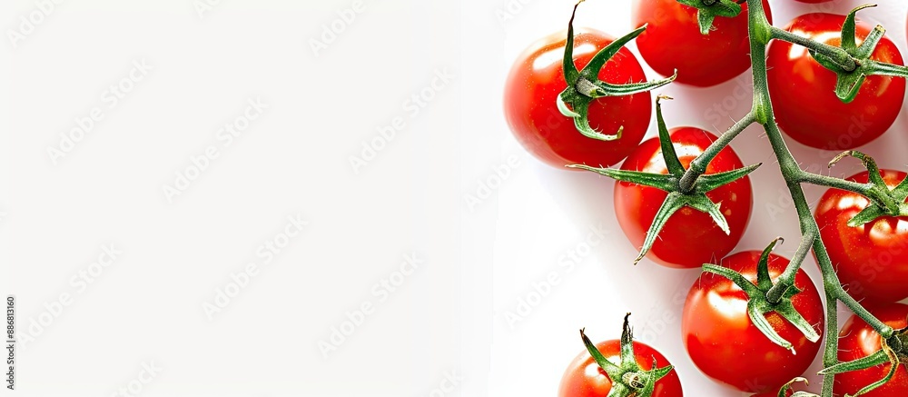 Poster fresh red tomatoes on a white backdrop with copy space image available.