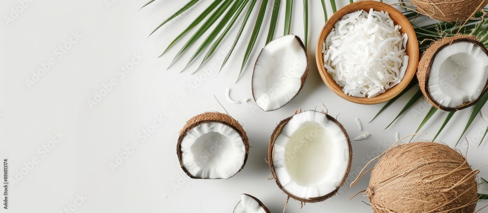 Poster Flat lay composition of coconut spa products on a white background with copy space image, highlighting natural spa cosmetics and organic treatments.