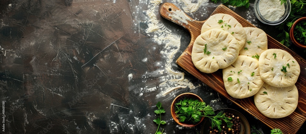 Aufkleber Cut the dough on a wooden board into vertical lines with a background image perfect for cooking khinkala with a copy space image.