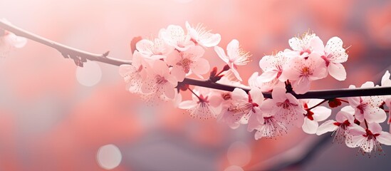 Soft focus background with a pink color filter, displaying an abstract sakura blossom with copy space image.