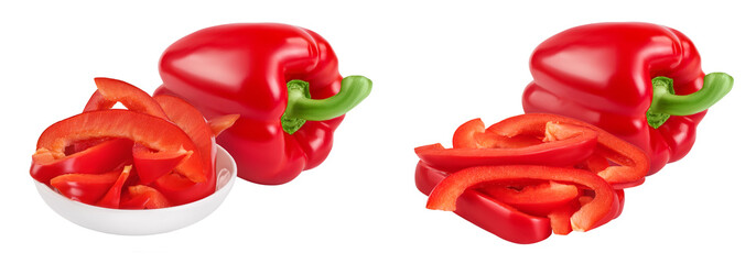 slices of red sweet bell pepper in ceramic bowl isolated on white background