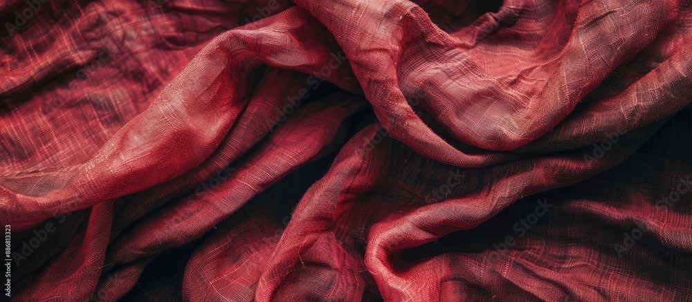Aufkleber Close-up photo of a weathered red cotton fabric with wrinkles, ideal for design projects needing a vintage look, features copy space image.