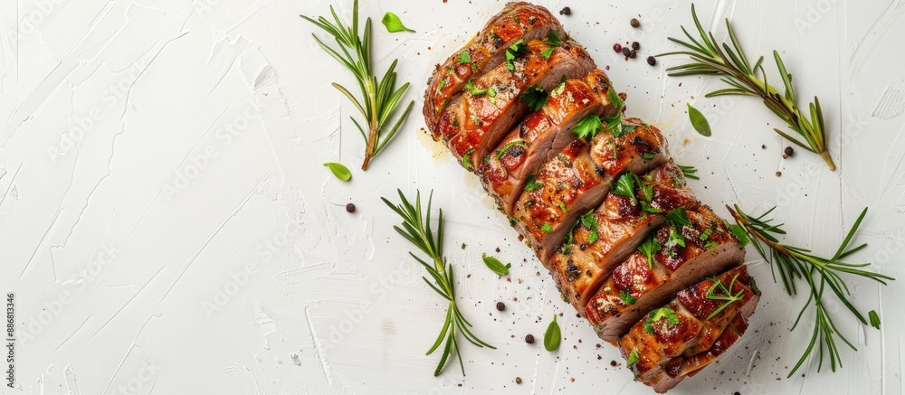 Aufkleber italian porchetta pork meat roll with herb seasoning on a white background in a top-view copy space 