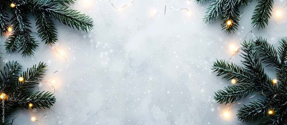 Aufkleber White background with Christmas lights, green tree branches, and space for text or image. Top view of a festive setting symbolizing New Year celebrations and greetings.
