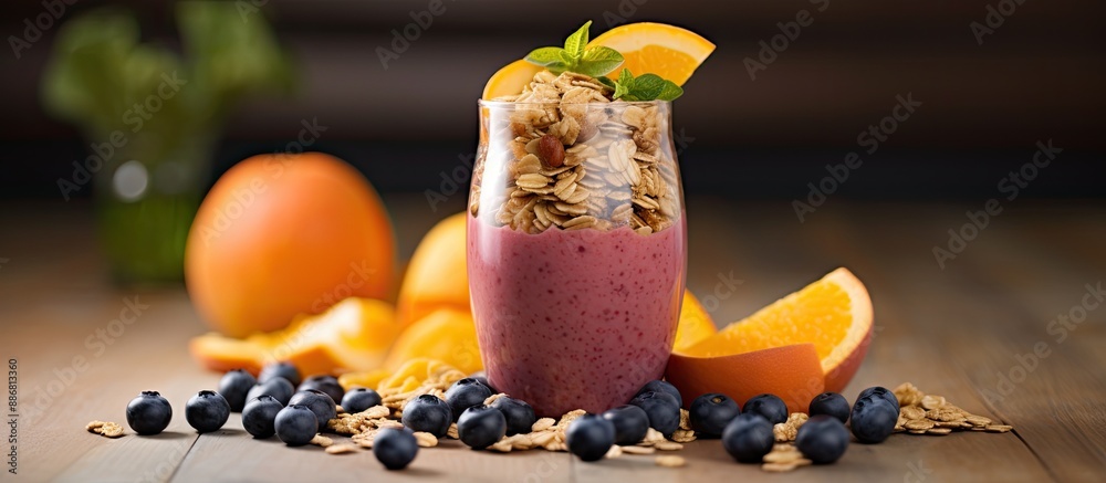 Poster selective focus on an orange persimmon blueberry smoothie with granola and fruits in the background.