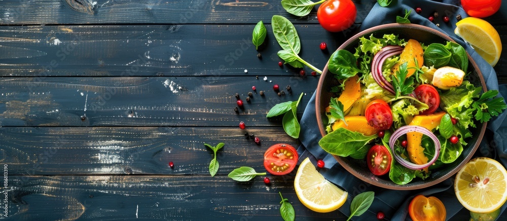 Poster A nutritious salad featuring fresh vegetables and fruits displayed on a dark wooden surface with ample copy space image.