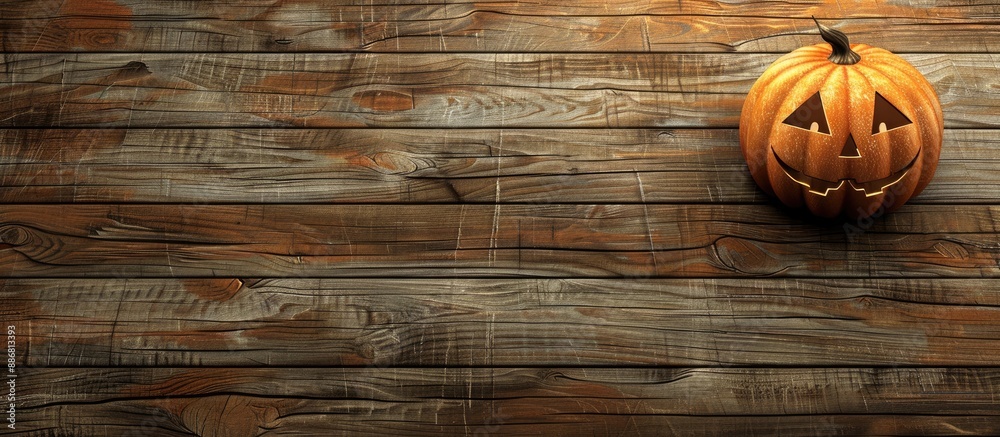 Aufkleber Wooden background displaying a pumpkin head with a suitable area for additional image or text.