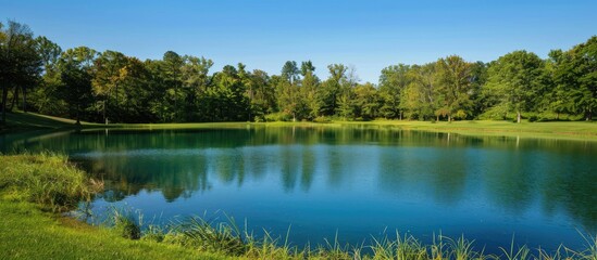 Local park features a serene lake surrounded by a picturesque forest, ideal for leisurely strolls and enjoying nature's beauty with a copy space image.