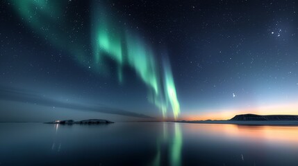 A mesmerizing view of the Northern Lights dancing across a starry Arctic sky, showcasing natural beauty and celestial wonder. Illustration, Image, , Minimalism,