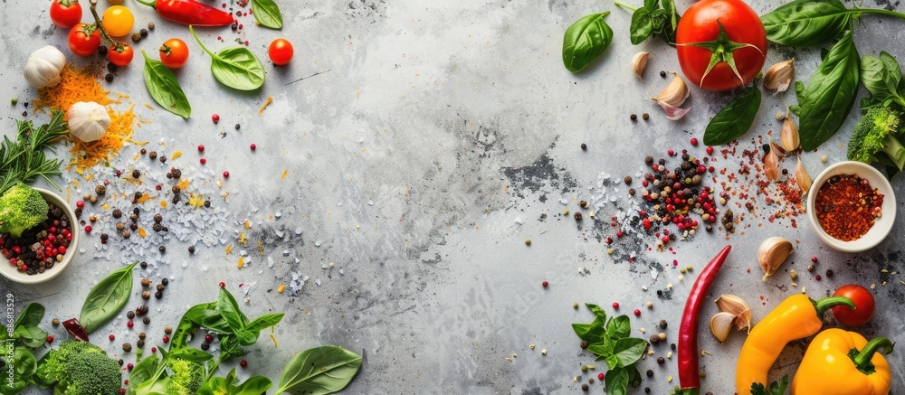 Aufkleber Top view of various colorful vegetables, herbs, and spices arranged on a concrete background creating a visually appealing copy space image.