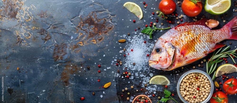 Poster raw tilapia fish prepared with salt and spices, perfect for cooking, with a blank space for adding a