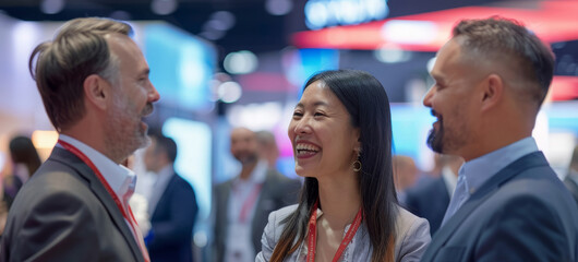 Obraz premium At trade shows, networking thrives as Asian women engage with industry peers and foster business growth.
