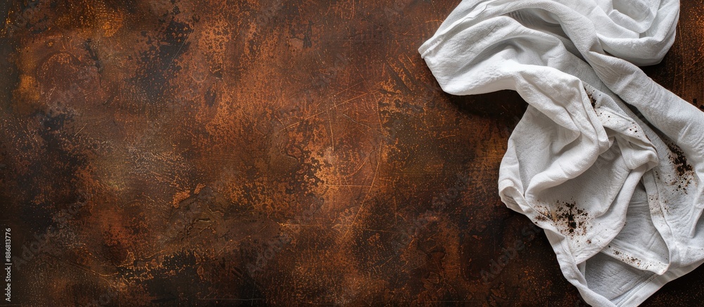 Poster top view of a kitchen table with a rusty surface and a white towel, ideal for a copy space image.