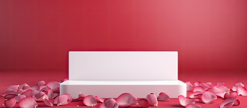 Rectangular white podium displayed on a red background embellished with rose petals for showcasing cosmetic products, suitable for product presentation mockups with copy space image.
