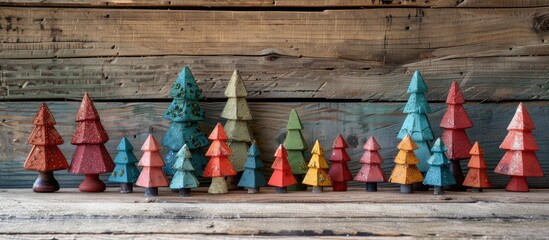 Fototapeta premium A festive arrangement featuring handcrafted Christmas trees on a wooden backdrop, ideal for a copy space image.