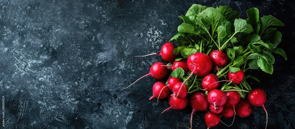 Poster Fresh radishes in a large bunch, arranged in a top-view perspective on a black background, offering ample space for text with a copy space image.