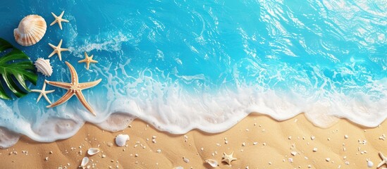 Fototapeta premium Blue background with a sandy beach, conveying a summer vacation theme, shown from above with copy space image.
