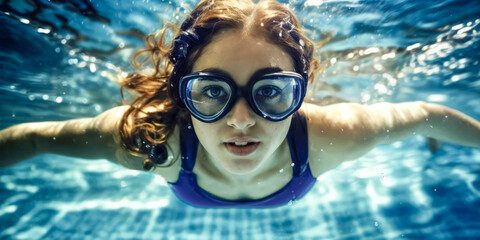 Fototapeta premium A young woman with curly hair swimming underwater while wearing goggles. The clear water and sunlight create a vibrant and refreshing scene.