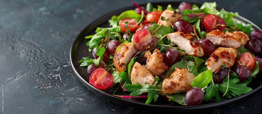 Poster plate with a delicious chicken salad, accompanied by juicy grapes, set on a table with a copy space 