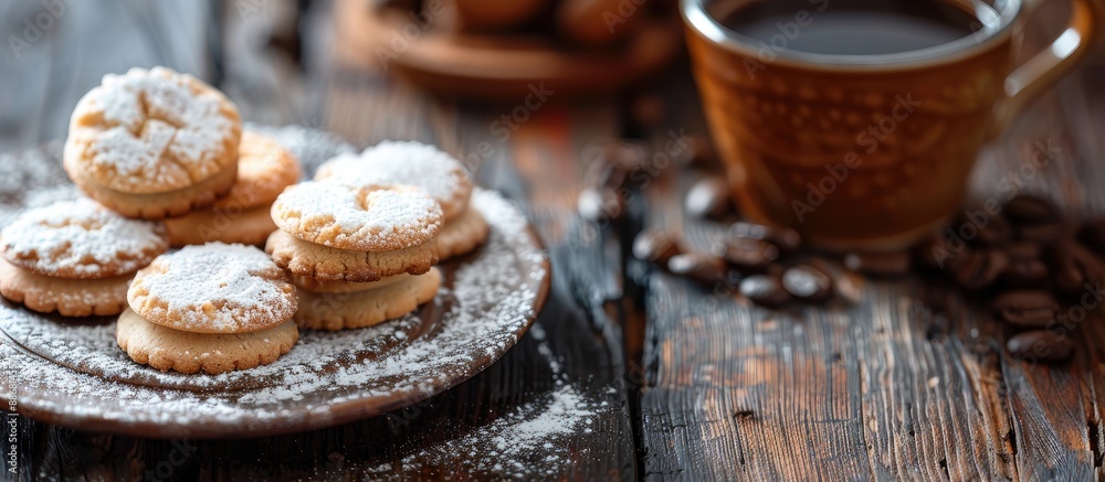 Poster Italian Savoiardi cookies and coffee displayed in a rustic style setting with selective focus on a copy space image.