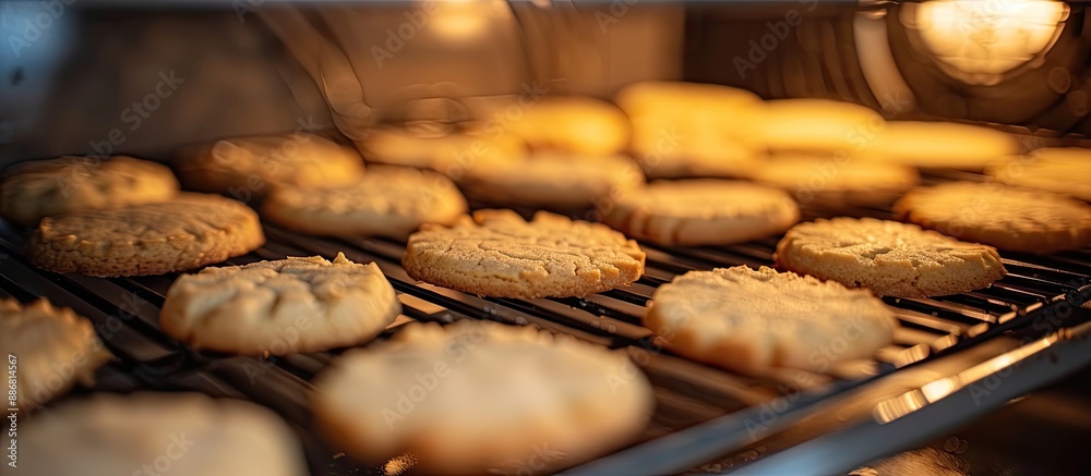 Poster Sugar cookies in the oven being baked, displayed in a close-up shot with shallow depth of field, ideal for a copy space image.