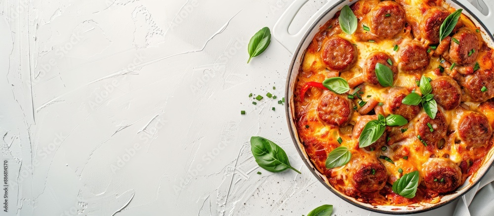 Poster Savory sausage casserole on baking dish displayed on a white table with space for text in the image.