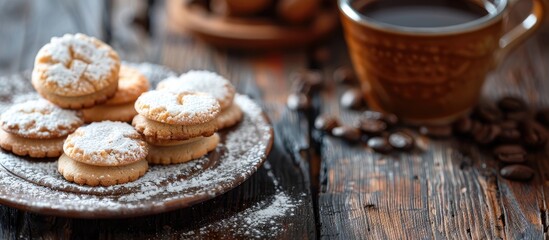 Fototapeta premium Italian Savoiardi cookies and coffee displayed in a rustic style setting with selective focus on a copy space image.