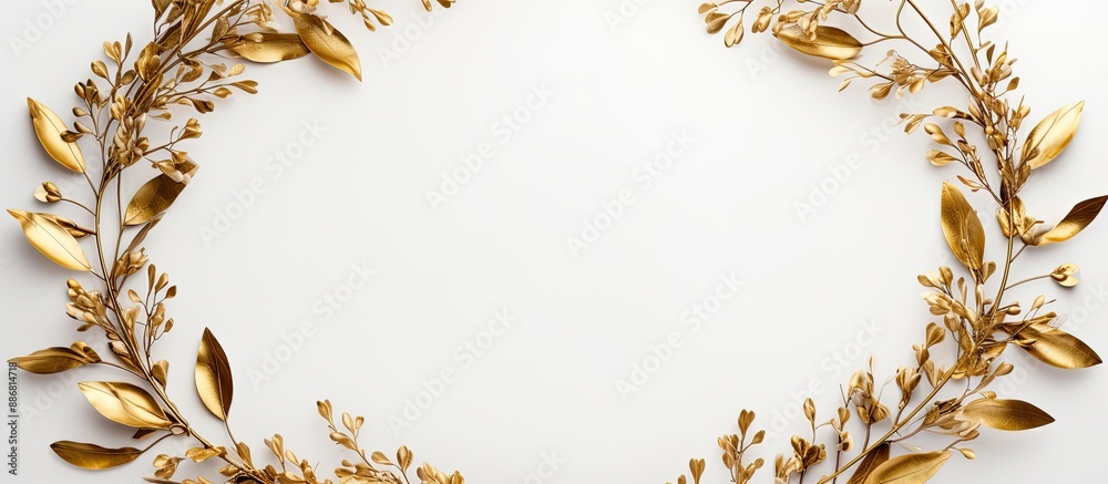 Fototapete top view of a square wreath crafted from golden eucalyptus branches on a white backdrop, providing a