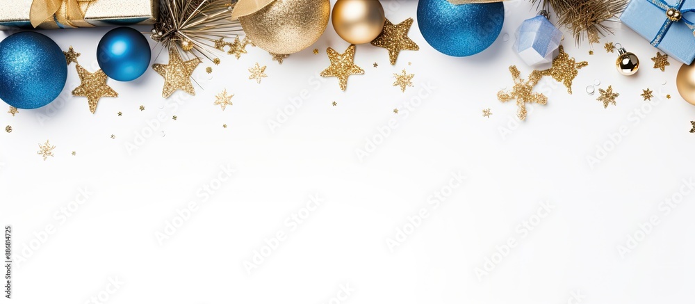Poster blue and gold gift boxes and decorations create a festive christmas frame on a white background with