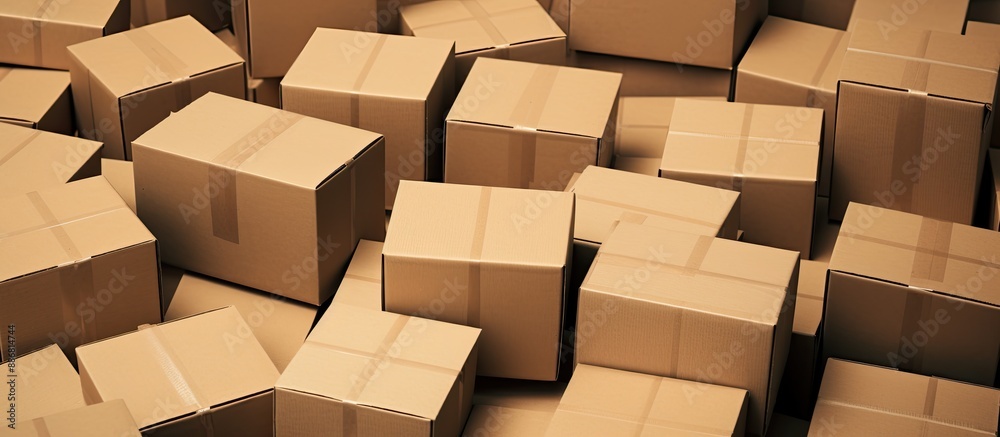 Aufkleber numerous brown cardboard boxes with ample copy space image available.