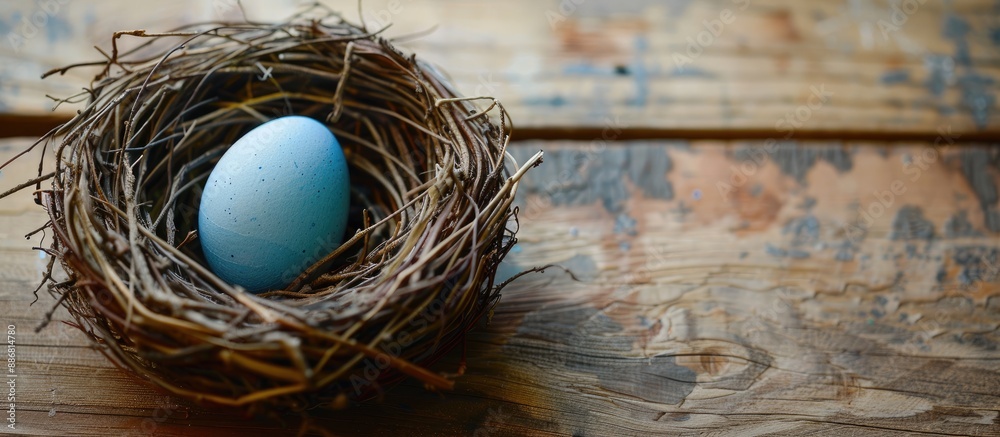 Aufkleber card for easter display with blue egg in nest, providing empty space for writing.